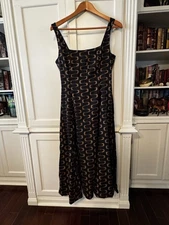 Christian Lacroix Linen Blend A-Line Square Neck Midi Dress 8 Black Tan Retro