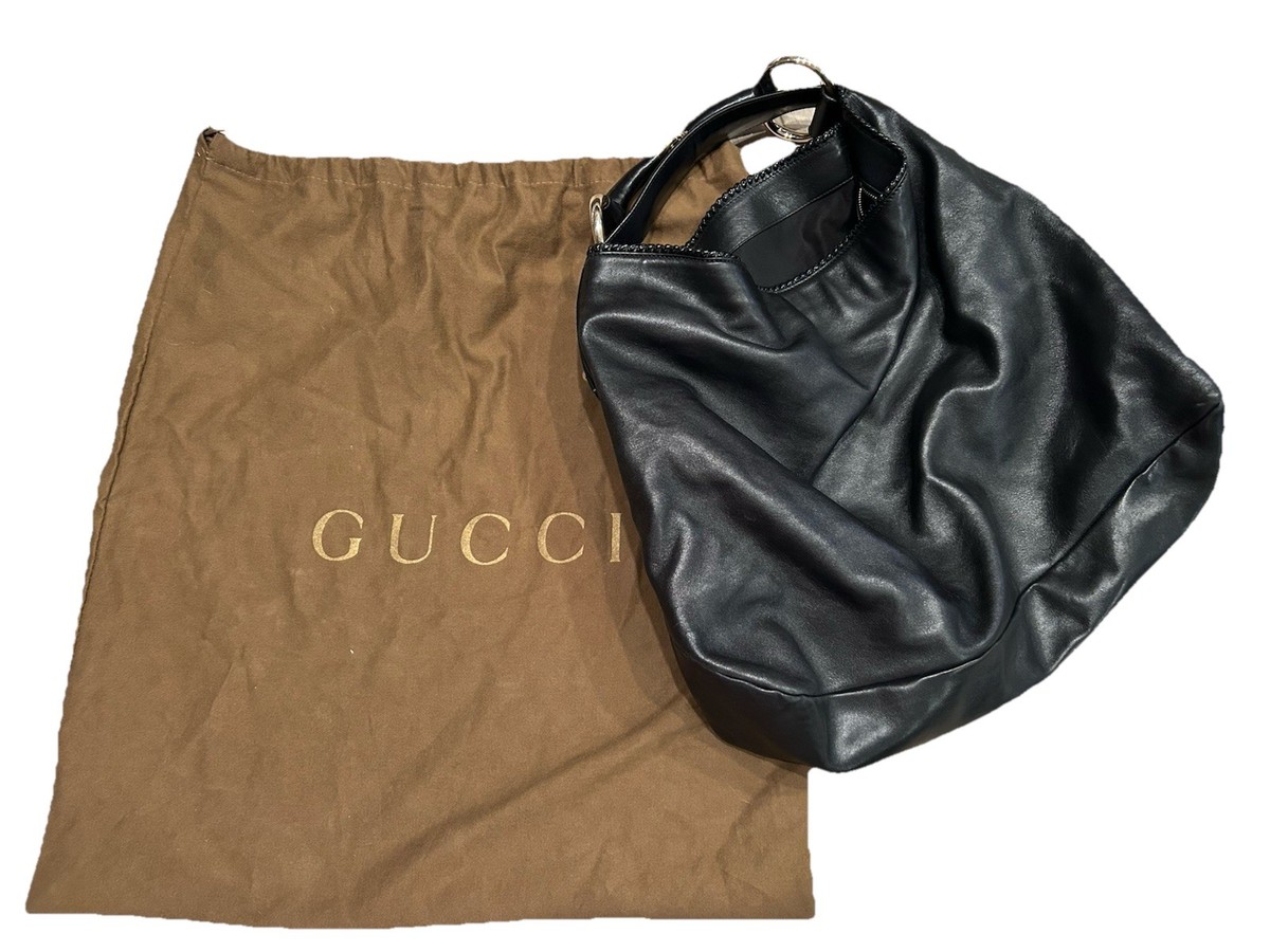 Gucci Leather Chain Horsebit Accent Large Hobo Shoulder Bag Black