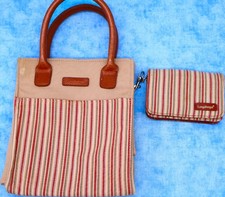 Longaberger Canvas Tote Bag w/ Leather Handles Matching Wallet Striped
