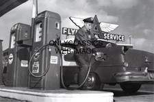 1954 FLYING A GAS & OIL SERVICE STATION PHOTO VINTAGE PUMPS ATTENDANT IN UNIFORM