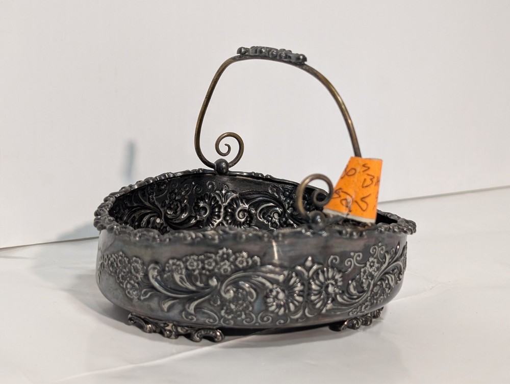 Antique Art Nouveau Silver Plated Footed Bowl w/Handle Floral Design - Thumbnail 3