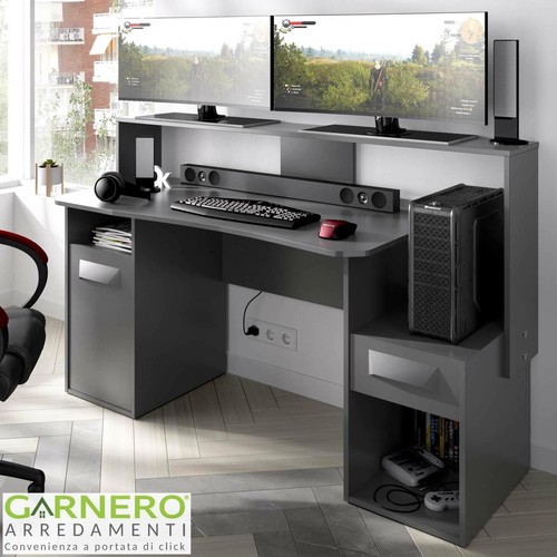 Scrivania ufficio gaming grafite SENECA pc computer ripiani design moderno  | eBay