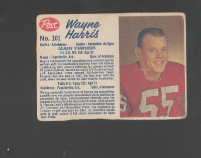 1962 Post Canadian Football Card #101 Wayne Harris-Calgary Stampeders G-Vg Card
