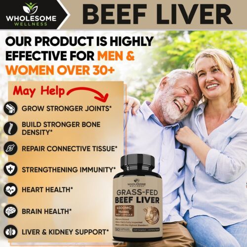 Wholesome Wellness Grass Fed Desiccated Beef Liver Capsules (180 Pills, 750Mg Ea - Picture 3 of 6