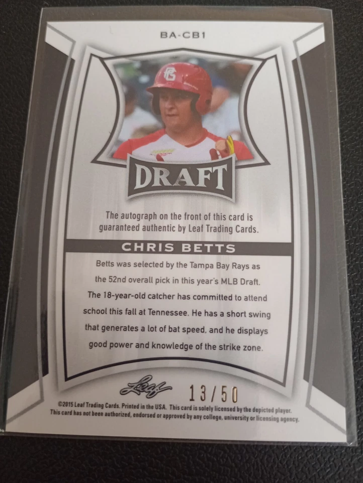2015 Leaf Draft Chris Betts AUTOGRAPH Rays Dodgers 13/50 - Image 2 of 2