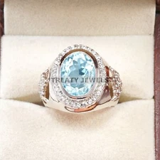 Aquamarine Oval Cut Gemstone With 925 Sterling Silver Ring For Men's #A779 *