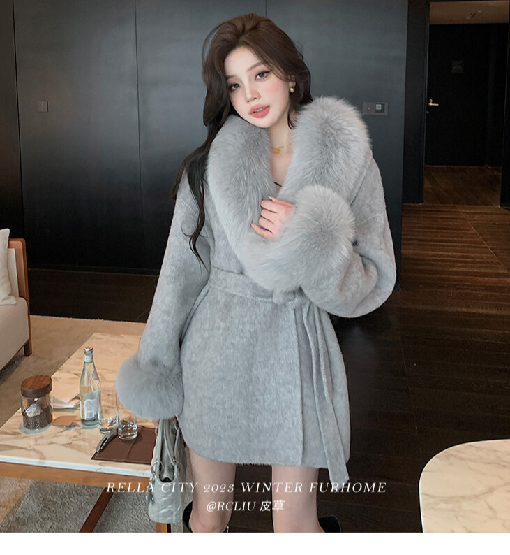 for pets only カシミヤ100% New Gray Double-sided Cashmere Coat Womens Fox Fur and Grass Fur