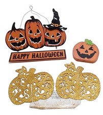 Halloween Pumpkin Set Door Hanger Tabletop Sparkle Centerpiece Orange Glitter