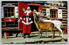 Santa Feeding His Deers at North Pole New York Vtg Postcard Workshop Christmas