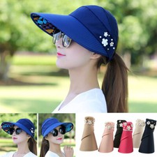 Women's Summer Visor Hat Wide Brim Pearl Flower Cap Anti-UV Beach Foldable Cap