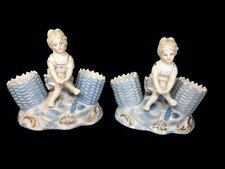 Vintage Pair Porcelain bisque vases Matchstick Holder Women Blue Baskets