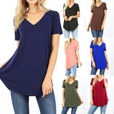Womens Loose Fit Short Sleeve T-Shirt V-Neck Casual Basic Tunic Top Long Blouse