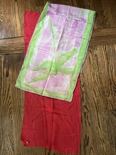 Lot of Two Vintage VERA 100 Silk Scarves Rectangle Red and Pastel Multicolor