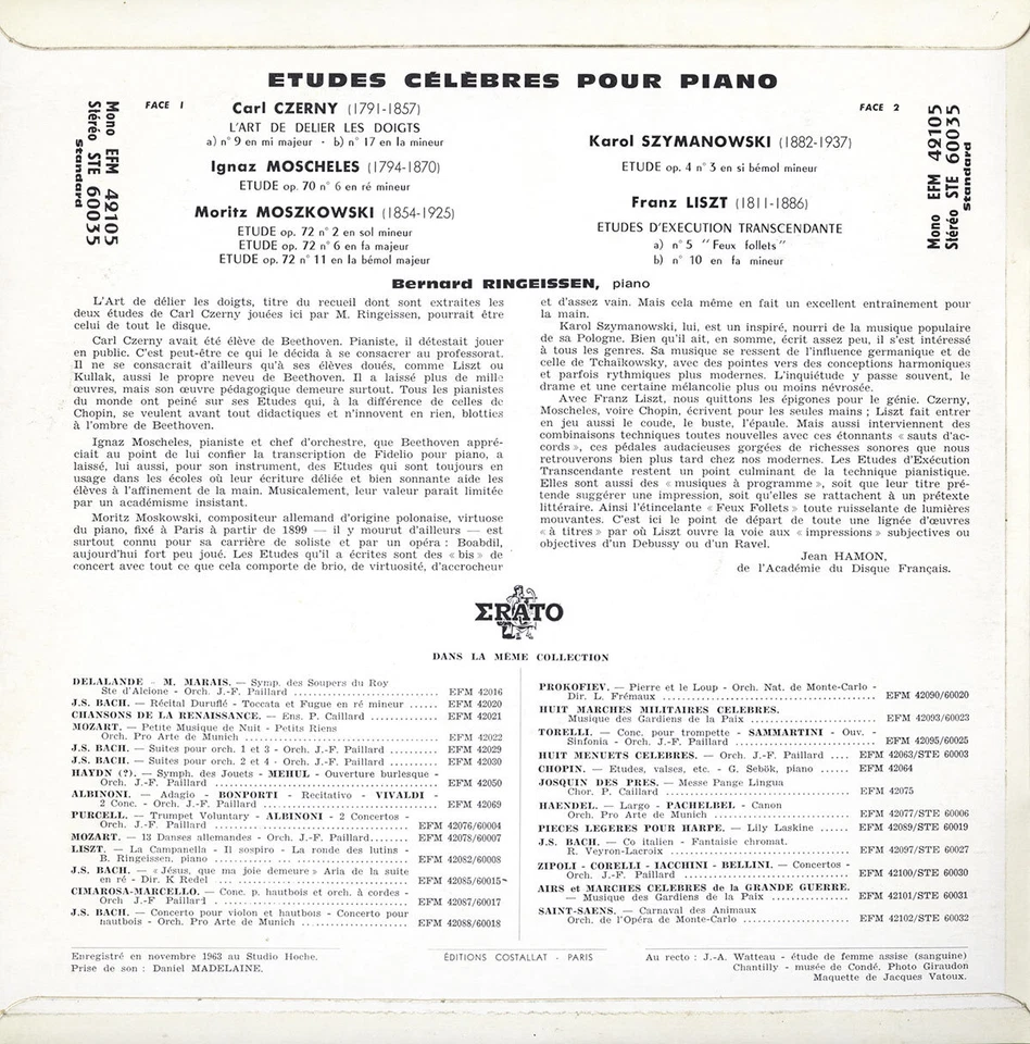 Erato STE-60035 RINGEISSEN Piano CZERNY MOSCHELES MOSZKOWSKI SZYMANOWSKI Etudes Foto 2 de 3