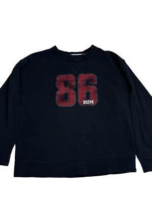 Vintage Y2K BUM Crewneck Sweater Spellout Navy Size Medium Two Small Spots