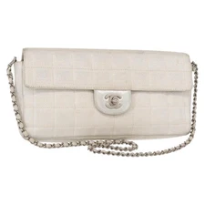CHANEL Choco Bar New Travel Line Chain Bag Canvas Silver CC Auth yk19792