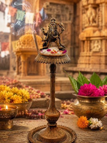 Vintage Indian Brass Dancing Ganesha Ritual Oil Lamp Puja Altar 11''