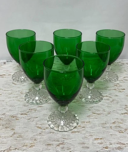 Set of 6 Anchor Hocking Forest Green Clear Bubble  Footed Water Goblet
