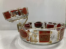 Vtg MCM Jeanette Glass Red/Gold Chip & Dip Bowls, Hanger, Recipes 4 Forks VGUC