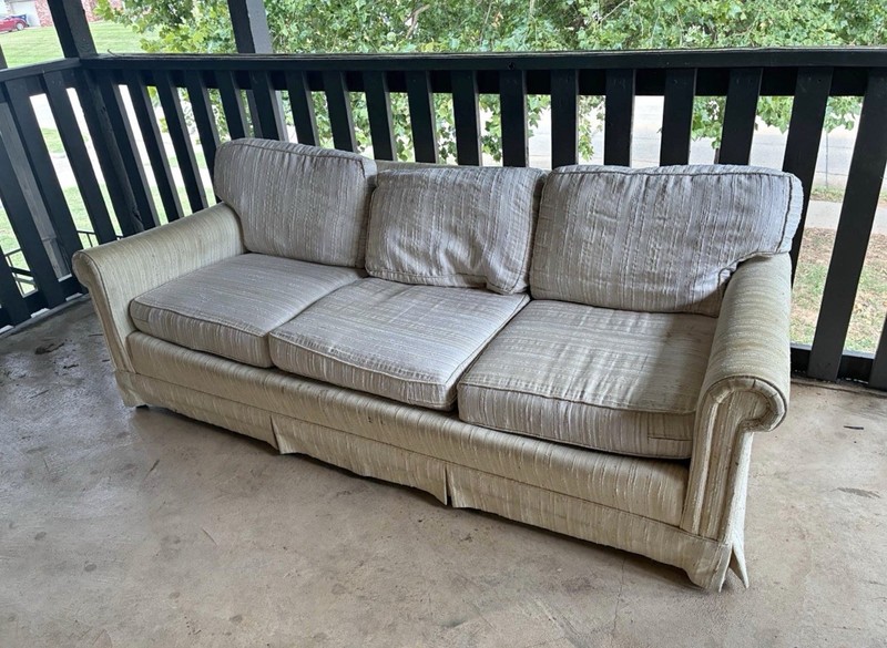 Beige 3-Seat Fabric Sofa, English Roll Arms, High Back, Skirted, Wood