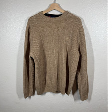 Chaps Men's L Chunky-Knit Cotton Sweater Beige Pullover Crew Neck