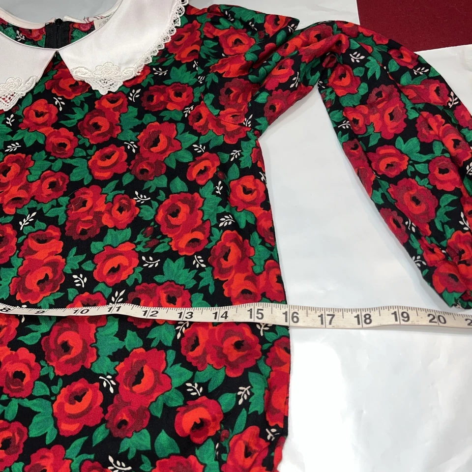 Vestido Rosas Rojas Negro Rayón NIÑA XL Blanco Encaje Cuello Peter Pan Cottage Fairy Foto 4 de 4