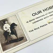 1910s Blotter Card The Rice Press Boy Riding Toy Horse Flint MI SC8
