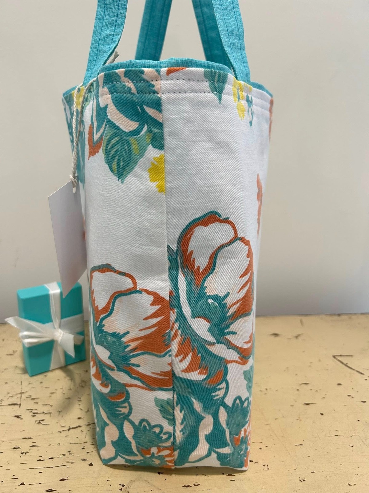 NEW Vintage Aqua & Orange Floral Cotton Tablecloth Market Tote Gift Bag 1960'S 