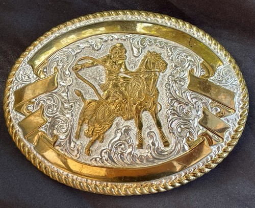 VINTAGE CRUMRINE SILVER PLATE JEWELERS BRONZE COWBOY HORSE WESTERN BELT BUCKLE - Picture 4 of 20