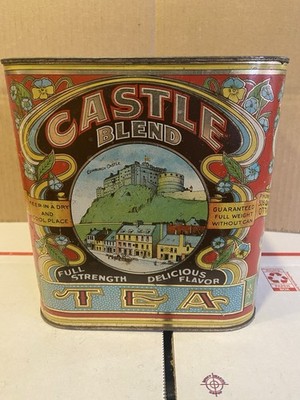 VINTAGE HARD TO FIND CASTLE BLEND TEA TIN W/GREAT GRAPHICS VERY NICE CONDITION!!