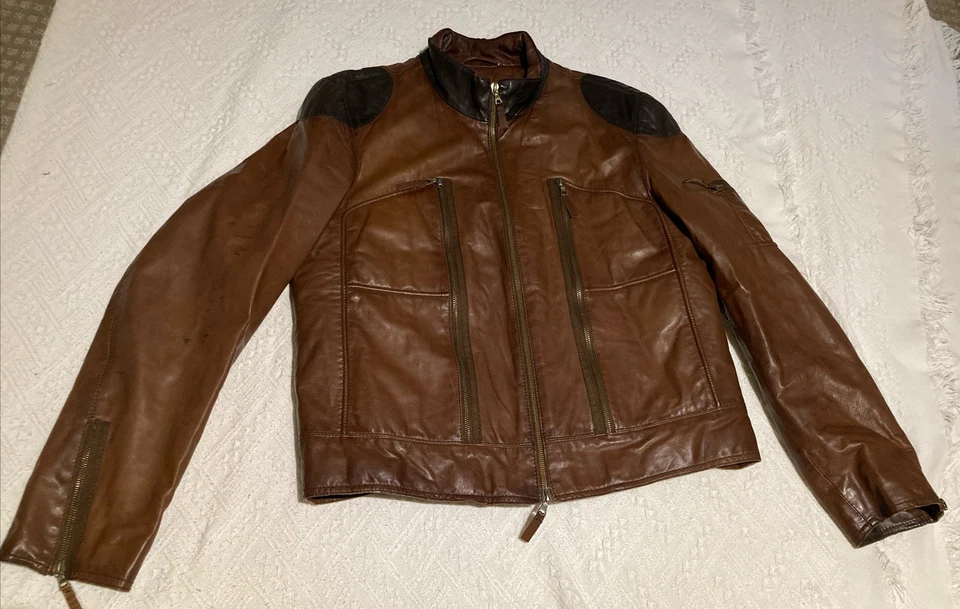 La Matta Men’s Biker Brown Leather Jacket Italy Size 52,US L - Image 2 of 4