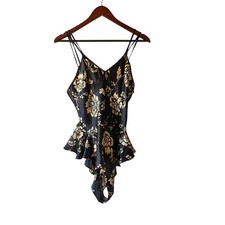 Vintage Black Satin Gold Floral Peplum Bodysuit Double Strap Lingerie
