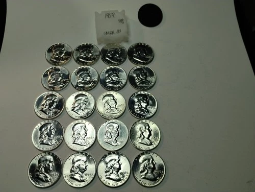 1959 franklin half dollar Uncirculated BU 90% Fine Silver. 20 Coins Roll.