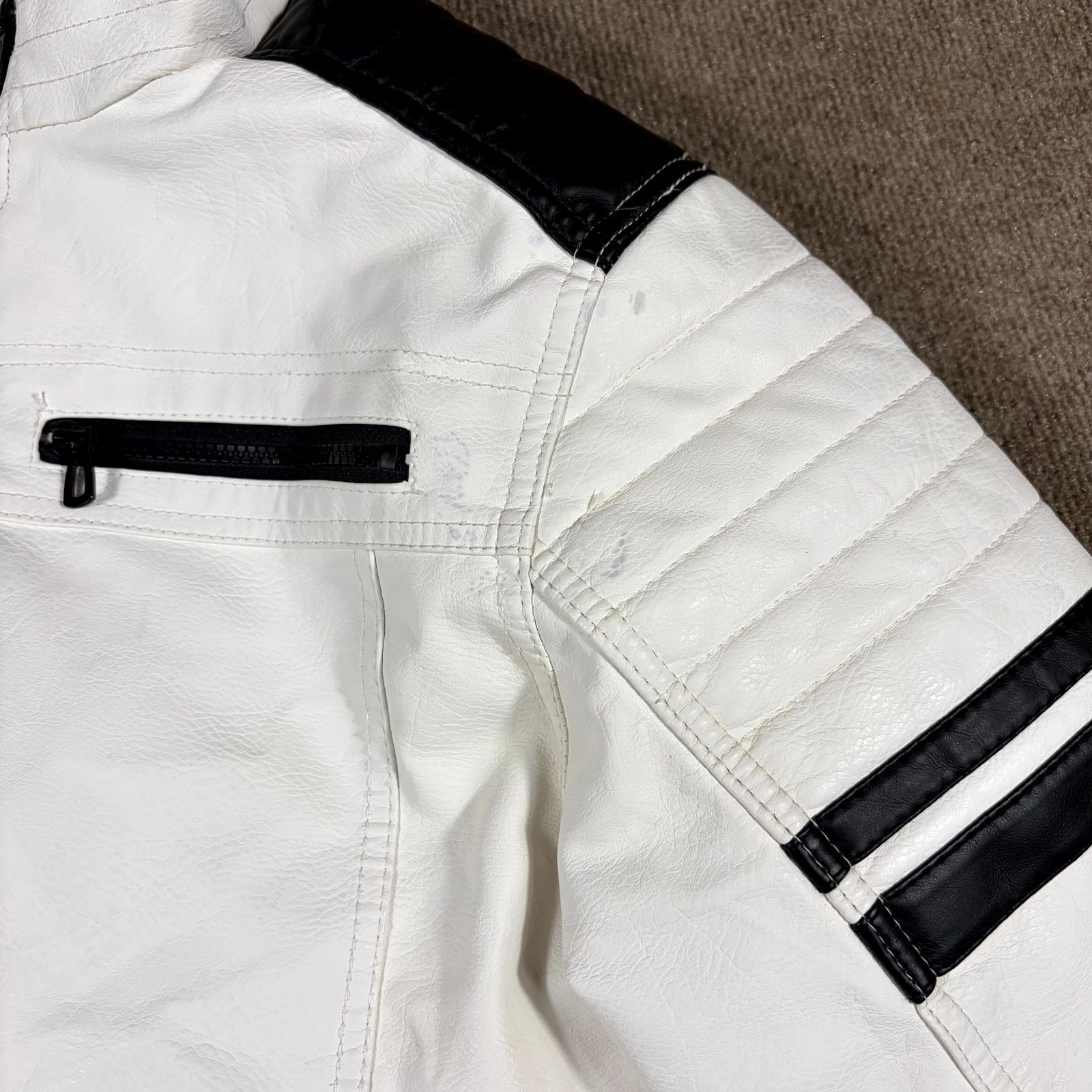 Distortion Biker Jacket Mens XL White Faux Leather Mock Neck Full Zip Racing image 7