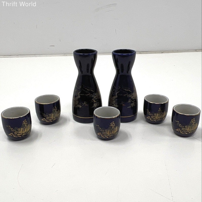 Japanese Sake Set Gold Gilt Landscape 7pc Cobalt Blue Porcelain Vintage