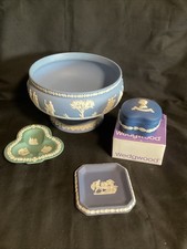 Wedgwood Jasper-ware Blue Pedestal Fruit Bowl + 2 Pieces Cobalt + Teal Dish