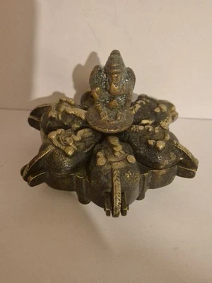 Antique Vintage Indian Brass/Bronze Bindi Paint / Spice Ganesh Leaf Petal Box - Image 1 of 4