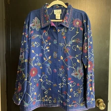 The Quacker Factory L 100%cotton Embroidered Beaded Flower Butterfly Blue Jacket