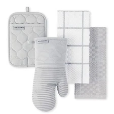 KitchenAid 4pc Set – 2 Towels, Oven Mitt, Potholder - Quilted Cotton Gray
