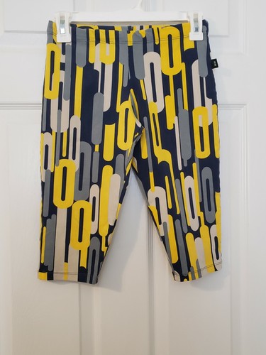 LIQUIDO YOGA CROP LEGGINGS YELLOW / NAVY / GRAY CHAIN PATTERN WOMEN'S SIZE MED - Picture 2 of 10