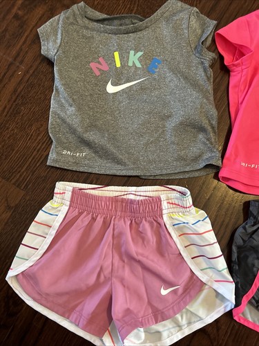 Lot of 2 Nike Infant Baby Girl 2 Piece Top & Shorts Set Gray/Multi DRI-FIT, 12 - Picture 2 of 11