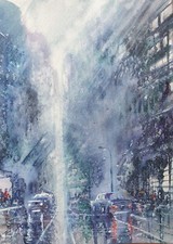 Rainy City Original Signed Art 20cm x 29cm Watercolour Painting