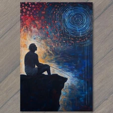 Art Print Silhouette of Man Fishing Cosmic Spiral Sky Vibrant Abstract Display