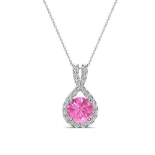 Lab Created Pink Sapphire & Natural Diamond Halo Pendant 14K Gold JP:263207