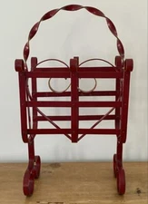 Vintage Shabby Cottage Metal Heart Magazine Book Rack Red Paint 25" High 2 Sided