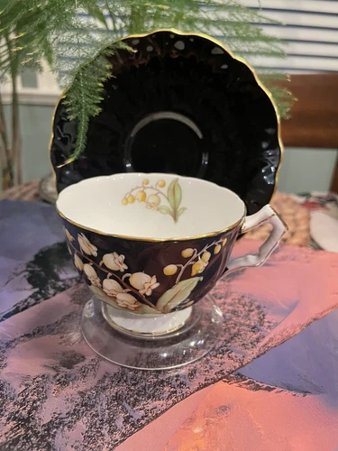Vintage Aynsley Lily of the Valley Embossed Hand Painted Black Tea Cup & Saucer