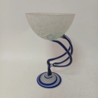 Vintage Art Glass Pedestal Bowl Jellyfish Style Frosted Cobalt Blue 10" Tall