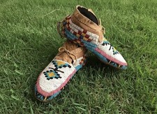 Native American Style Beaded Ankle Powwow Moccasins Multicolor Geometric MC624