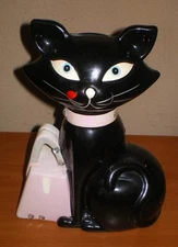 Vintage Blue Eyed Black Cat KITTY Bank * Pink Jeweled Collar & Purse 9" Ceramic