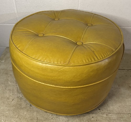 Vintage MCM Retro Yellow Harvest Gold Ottoman Foot Stool Mustard Round ...
